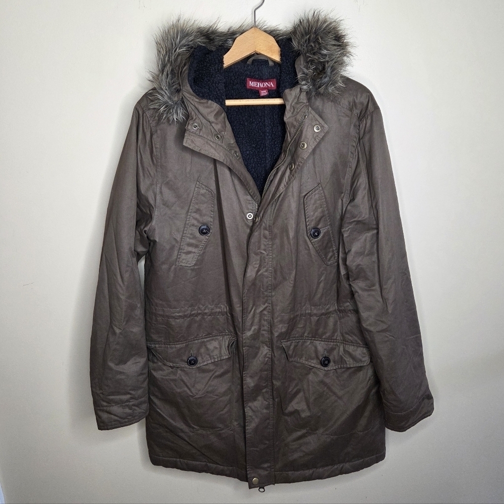 Merona | Brown Coat with Faux Fur Trim Hood Size Medium Zip & Snap Front
